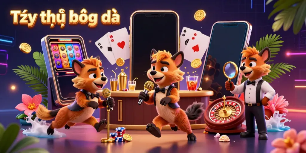 Tỷ lệ bóng đá casino scene with hyenas performing comedy, mixing drinks, and checking IDs in a vibrant atmosphere