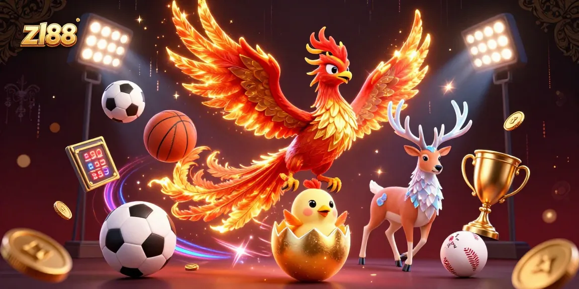 Experience thrilling gameplay at z188 with a vibrant illustration of phoenixes and dynamic sports elements.