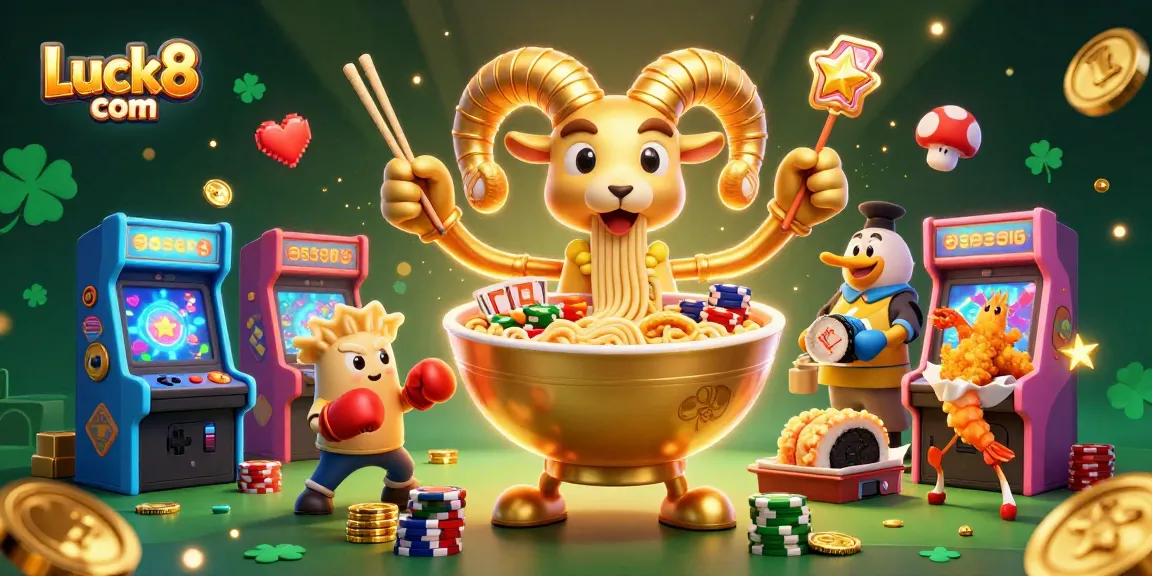 Play at Luck8 com with a whimsical casino-themed illustration of colorful characters and games.