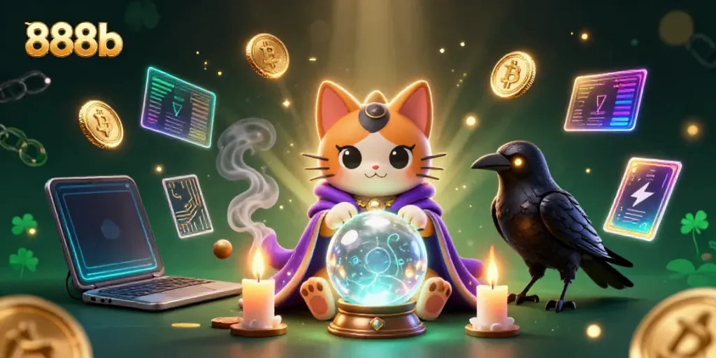Engage in thrilling gaming at 888b with a mystical scene featuring fortune teller and tarot raven.