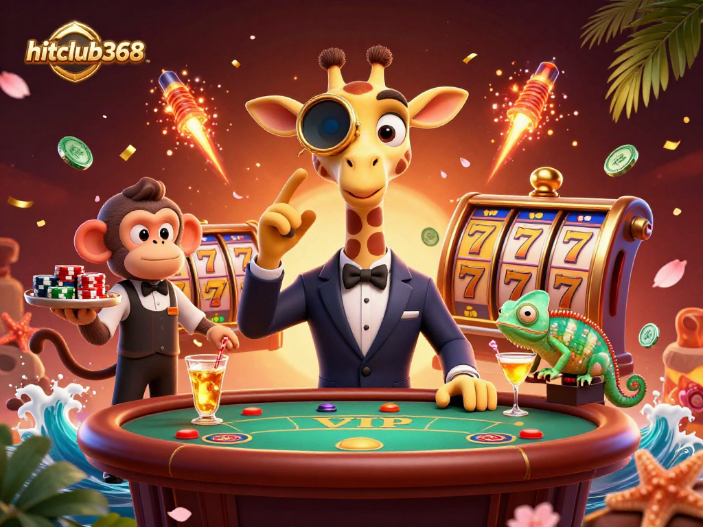 Hitclub368 showcases a vibrant 3D casino scene with a high-roller giraffe at a poker table.