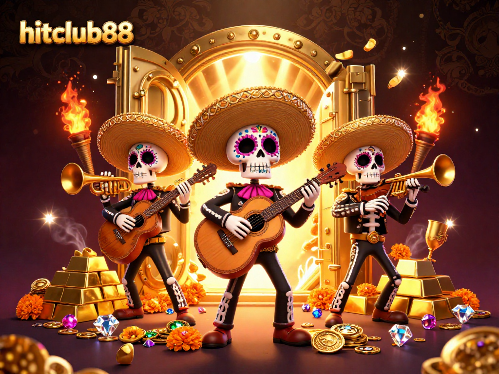 Experience the excitement of hitclub88 with a vibrant 3D mariachi band amidst gold and jewels.