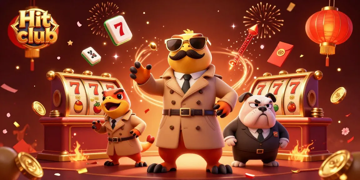 Experience the excitement at Hit club with vibrant 3D casino characters amid festive elements.