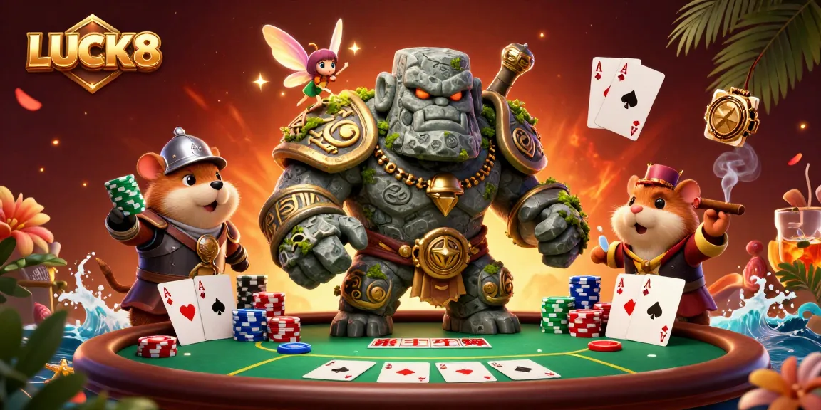 LUCK8 showcases an ultra-detailed illustration of a golem, fairy, and hamster knight playing poker amidst chips and cards.