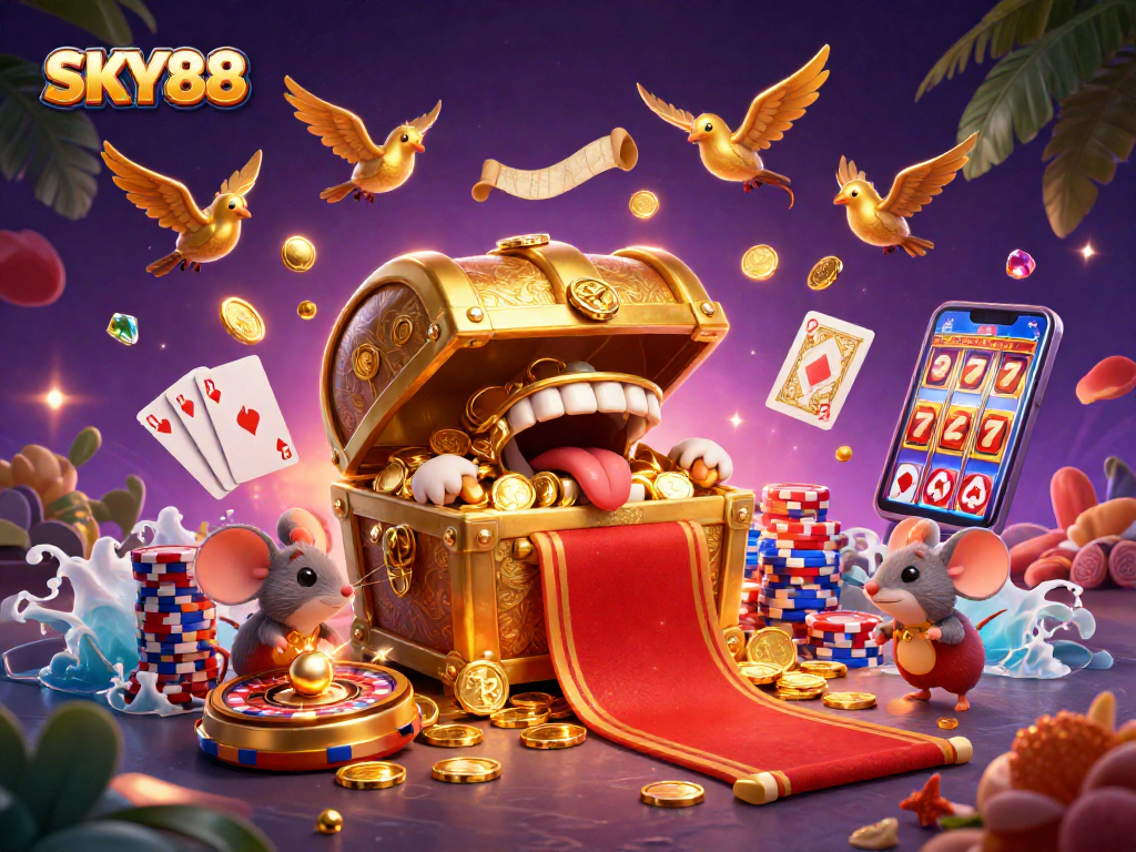 SKY88 offers an immersive gaming experience with vibrant slot machines and thrilling casino elements.
