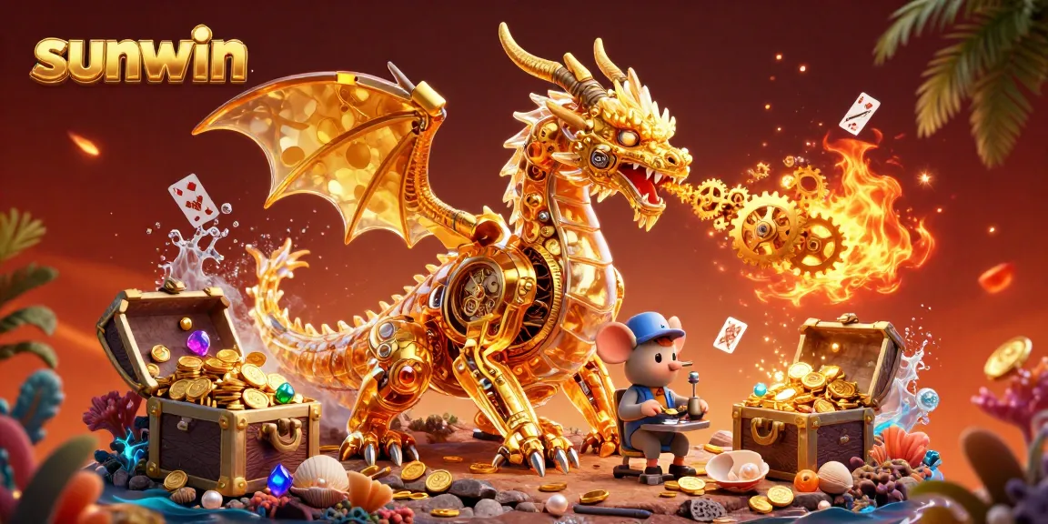 Engage with sunwin's thrilling underwater world, where a biomechanical dragon breathes golden gears amidst treasures.