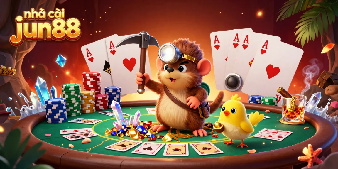 Join the excitement with nhà cái jun88 as a treasure hunter discovers golden rewards in a vibrant casino scene.