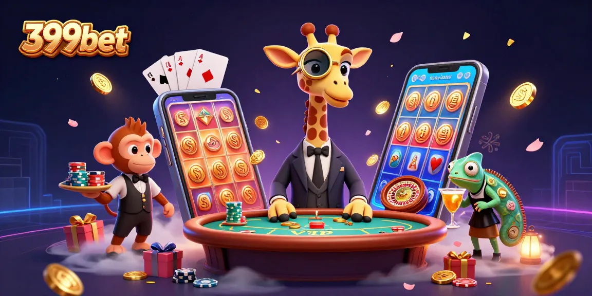 Experience excitement with 399bet's vibrant gambling scene featuring a high-roller giraffe and entertaining characters.