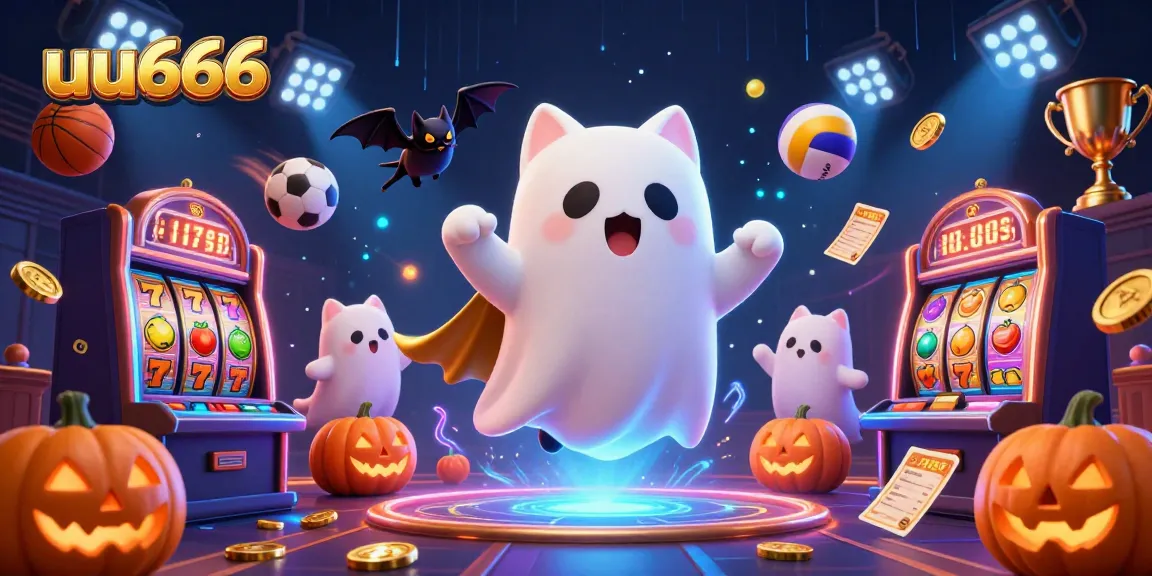 uu666 showcases a friendly ghost cat in a vibrantly haunted casino amidst glowing slot reels and sports elements