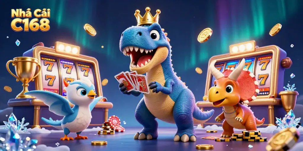 Experience the excitement of Nhà Cái C168 with a 3D T-Rex card game scene surrounded by bright casino elements.