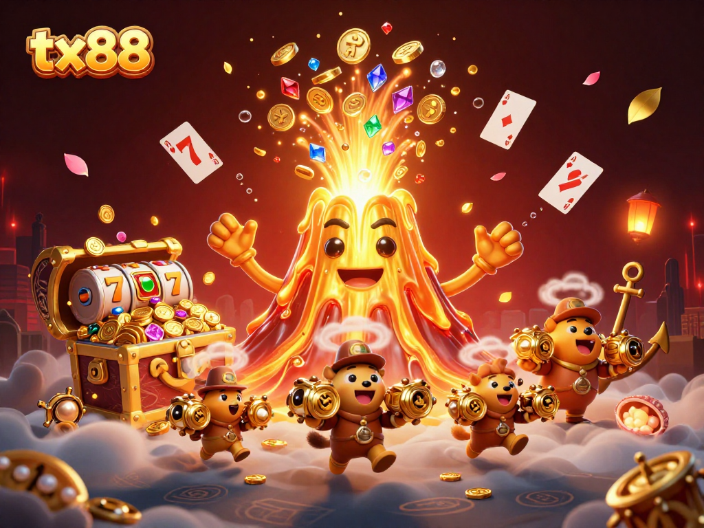 Engage with exciting tx88 gameplay featuring golden volcano erupting coins, vibrant treasures, and a lively casino ambiance.
