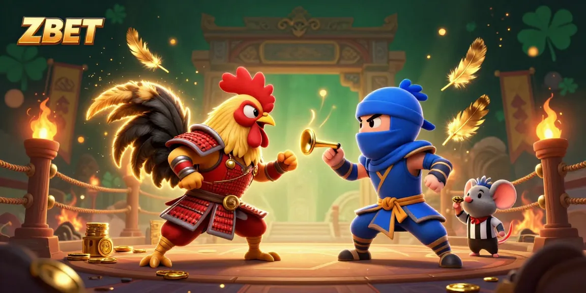 ZBET showcases a vibrant fight between two roosters, engaging with golden feathers in a dynamic casino-themed scene.