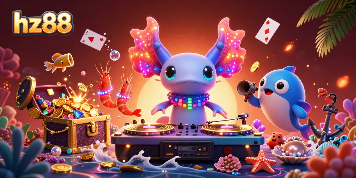 Get ready to win at hz88 with an energetic underwater casino scene featuring a DJ, dancing shrimp, and more.