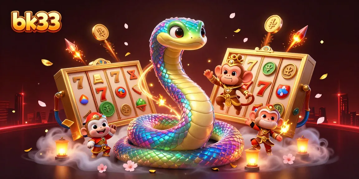 Experience the excitement of bk33 with vibrant visuals of slot games, firework rockets, and a playful monkey king.
