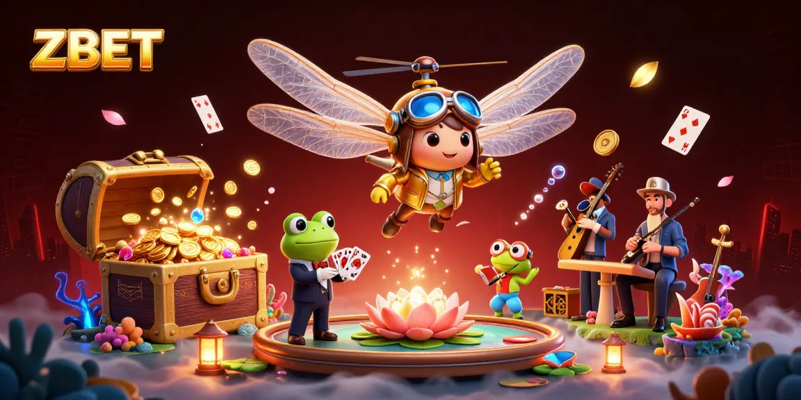 ZBET immerses players with a vibrant casino scene featuring dragonfly pilot and frog croupier.