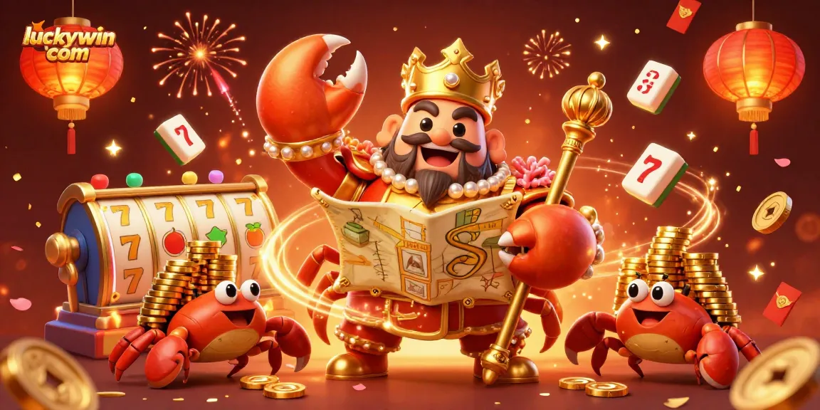 Play at luckywin com and enjoy thrilling slot games with a golden crab emperor and exciting elements!