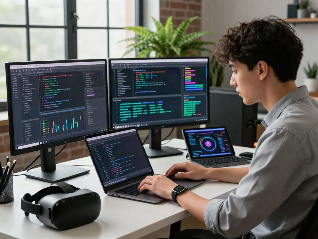 AI developer analyzing 18+ ai algorithms in a modern workspace, showcasing dual monitors and innovative tech.