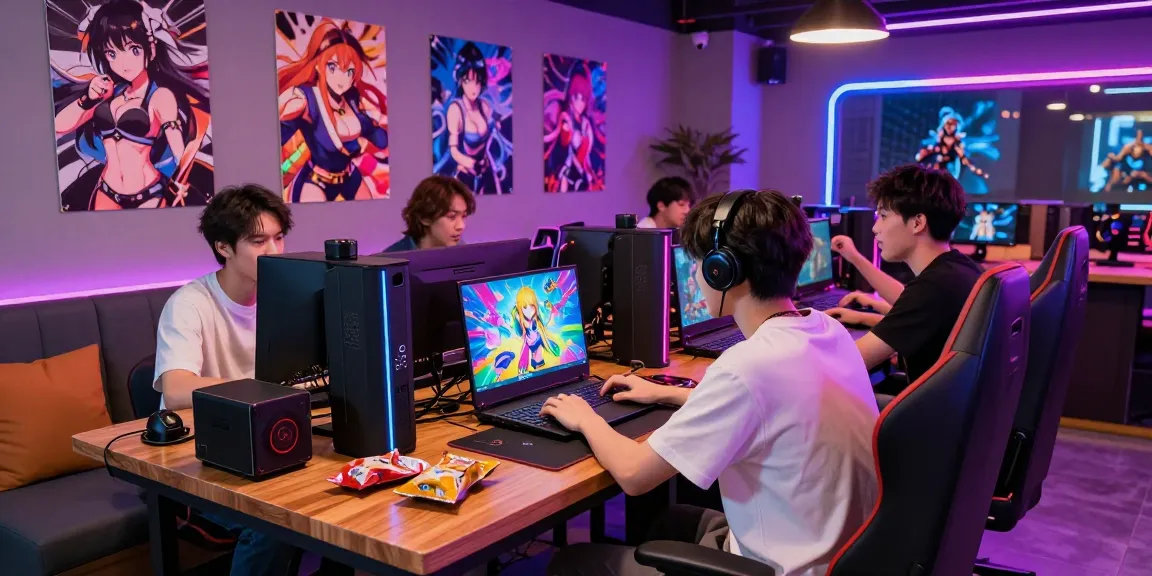 Engaged gamer playing a vibrant hentai game in a modern gaming lounge.