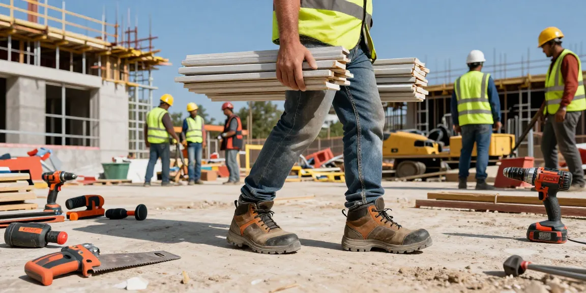 Worker wearing diadora safety shoes on a construction site emphasizing safety and productivity.