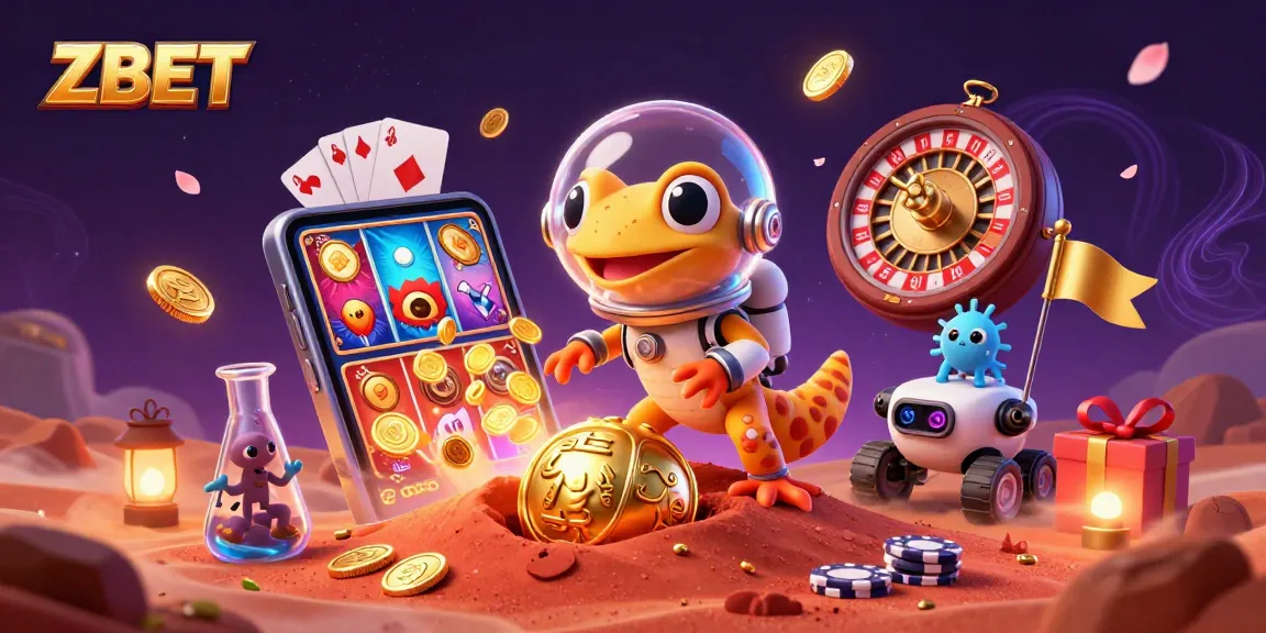 ZBET captures excitement in a vibrant 3D casino scene with a Martian gecko amidst games and golden coins.