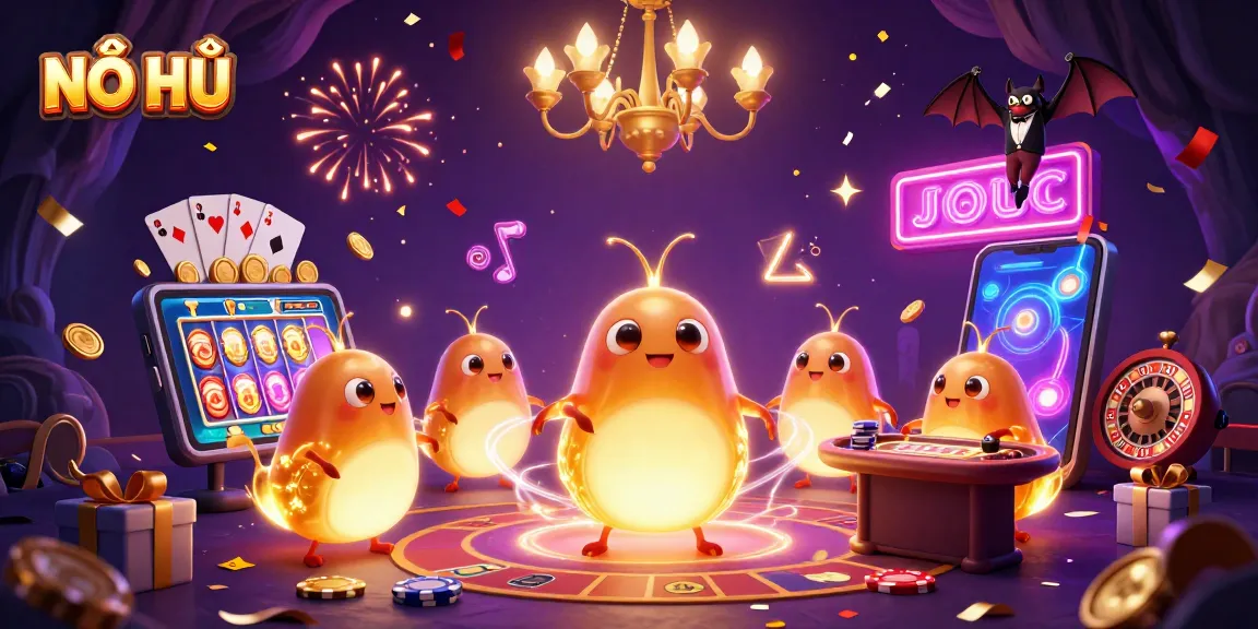 NỔ HŨ glows in a vibrant cave casino filled with glowing characters and exciting slots.