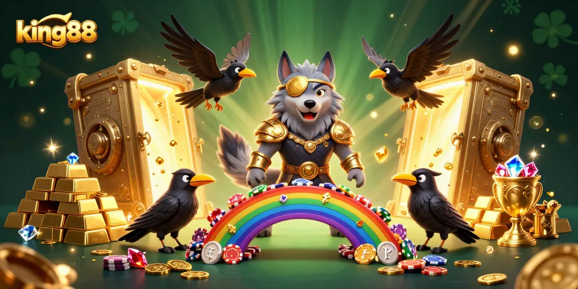 Experience excitement with king88 as Odin and his ravens guard treasures on a vibrant casino chip bridge.