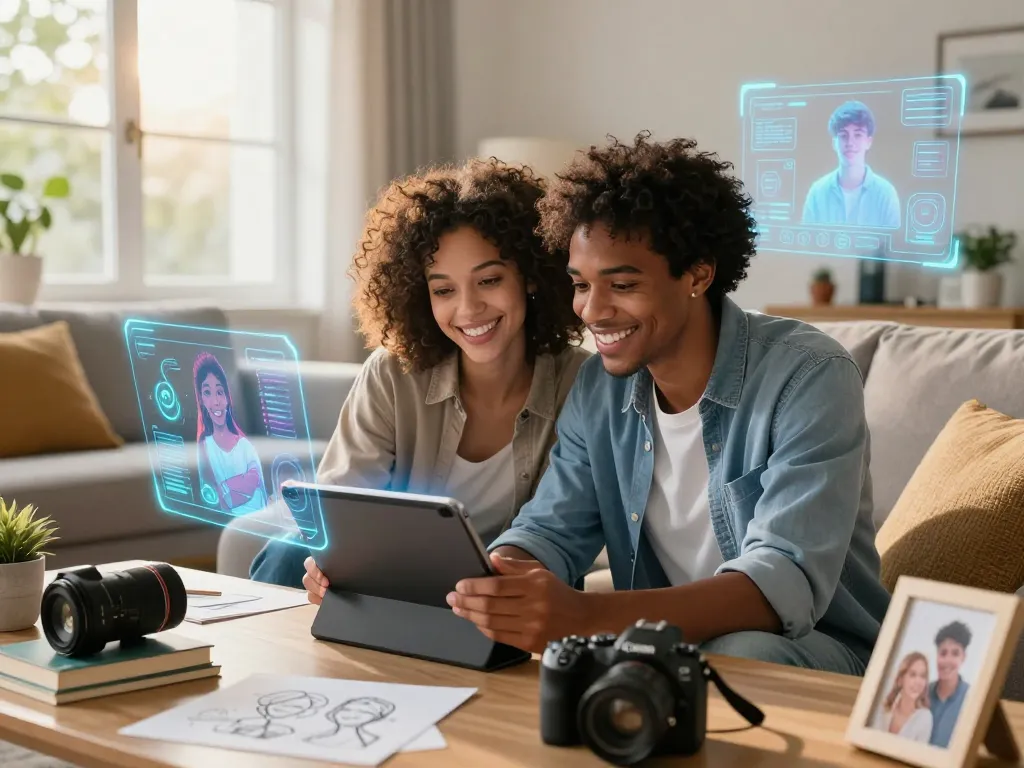 Engaging with an AI girlfriend through futuristic technology in a cozy living room setting, showcasing modern companionship.