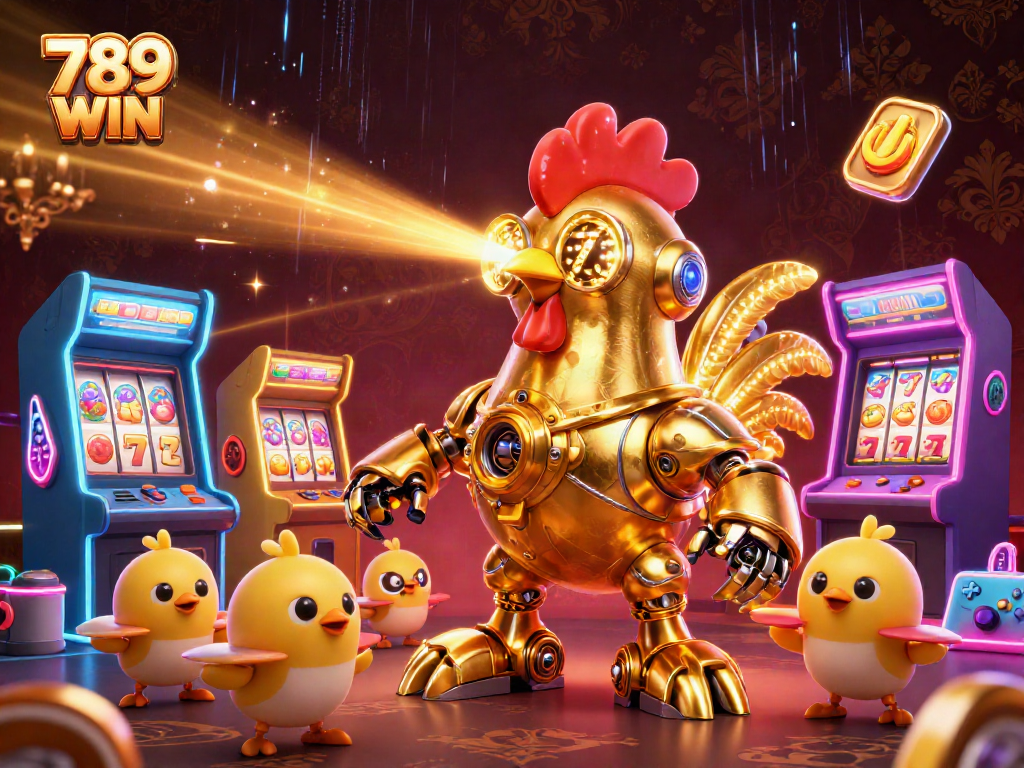 Engage with the vibrant world of 789 WIN featuring a futuristic golden rooster and arcade-style gaming elements.