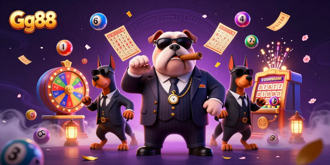 Experience thrilling gaming with Gg88 as colorful lottery elements bounce around a 3D mafia boss scene.
