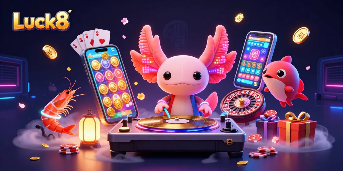 Luck8 showcases vibrant animation with neon-colored characters and casino elements, creating an engaging gaming atmosphere.