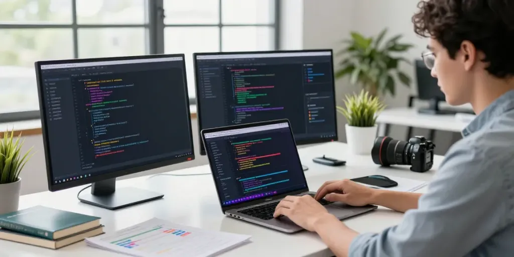 Instant indexing software developer at modern workspace with coding analytics.