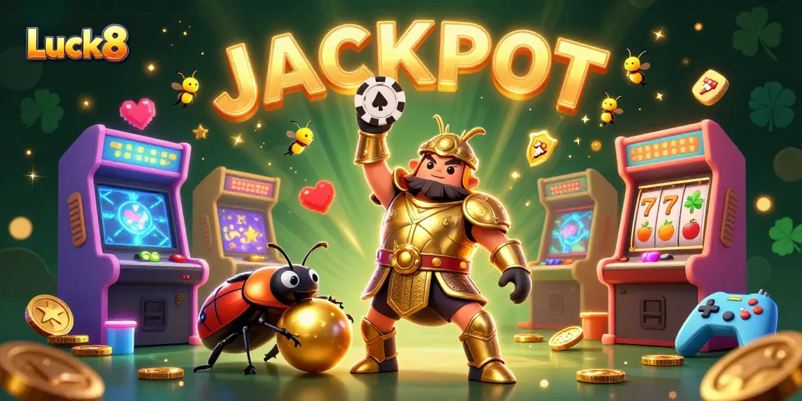 Luck8 takes center stage with a 3D cartoon hercules beetle celebrating a victory in a dynamic casino scene.