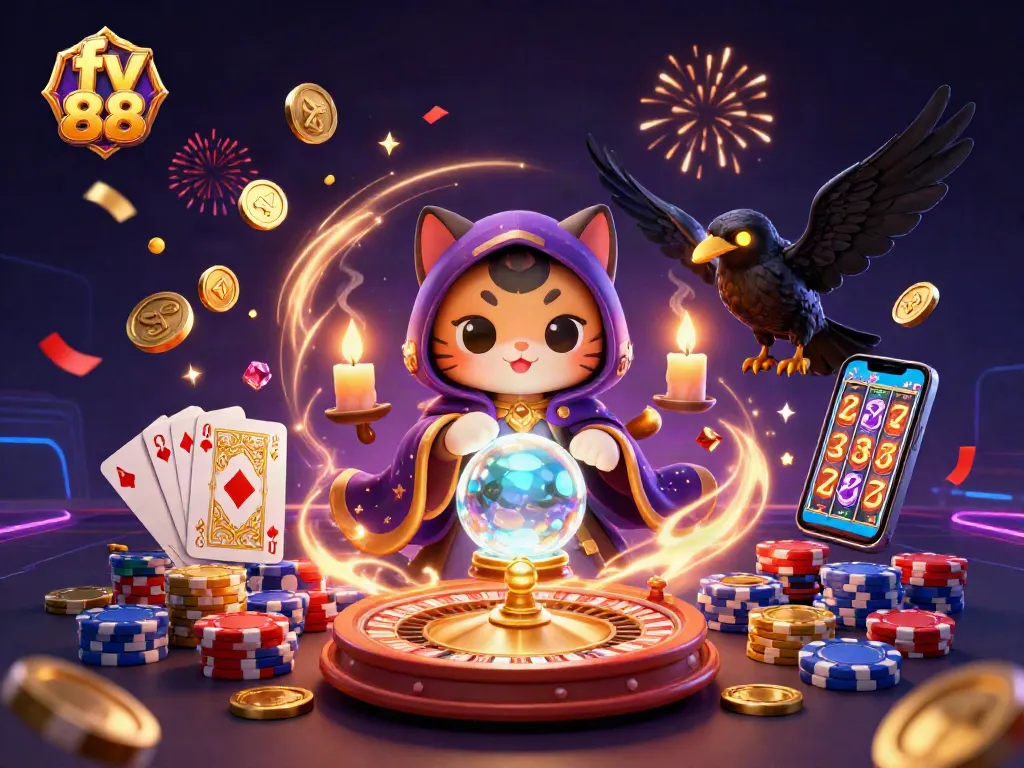 Experience exciting gameplay with fv 88, illustrated through a mystical cat, glowing raven, and casino elements.