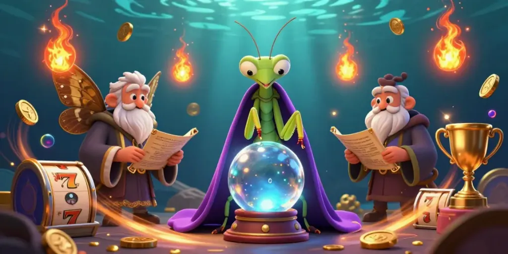 Engage with PG 55's exciting slot games through a magical illustrated scene featuring vibrant characters and golden treasures.