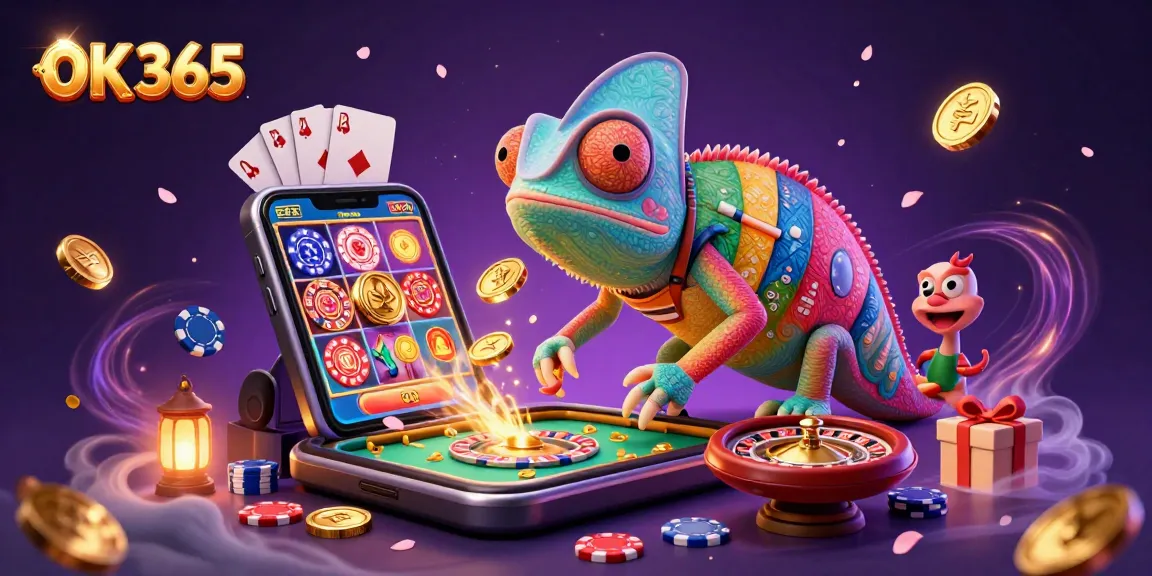 Engage with OK 365's vibrant casino scene featuring a chameleon owner and dynamic gaming elements.