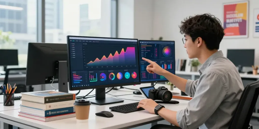 Marketing expert analyzing Instagram followers growth in a modern office.
