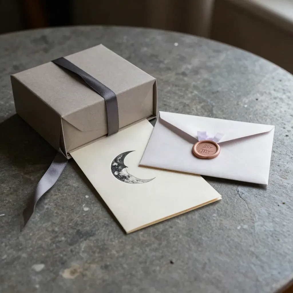 Open moon-phase gift letter set with wax-sealed envelope and note spilling from a ribboned box.