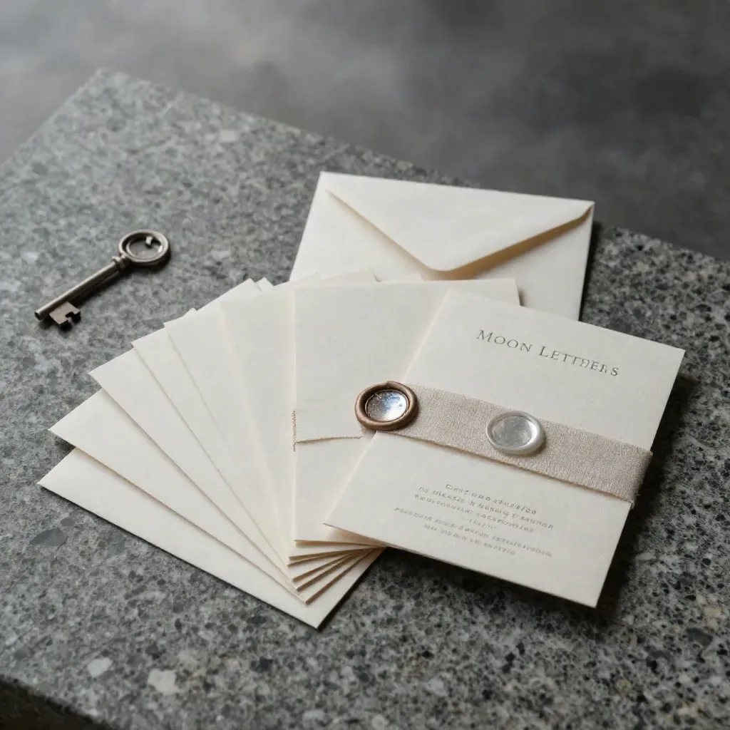 Rain-lit wedding invitation suite with wax seals, RSVP cards and linen belly band on stone.