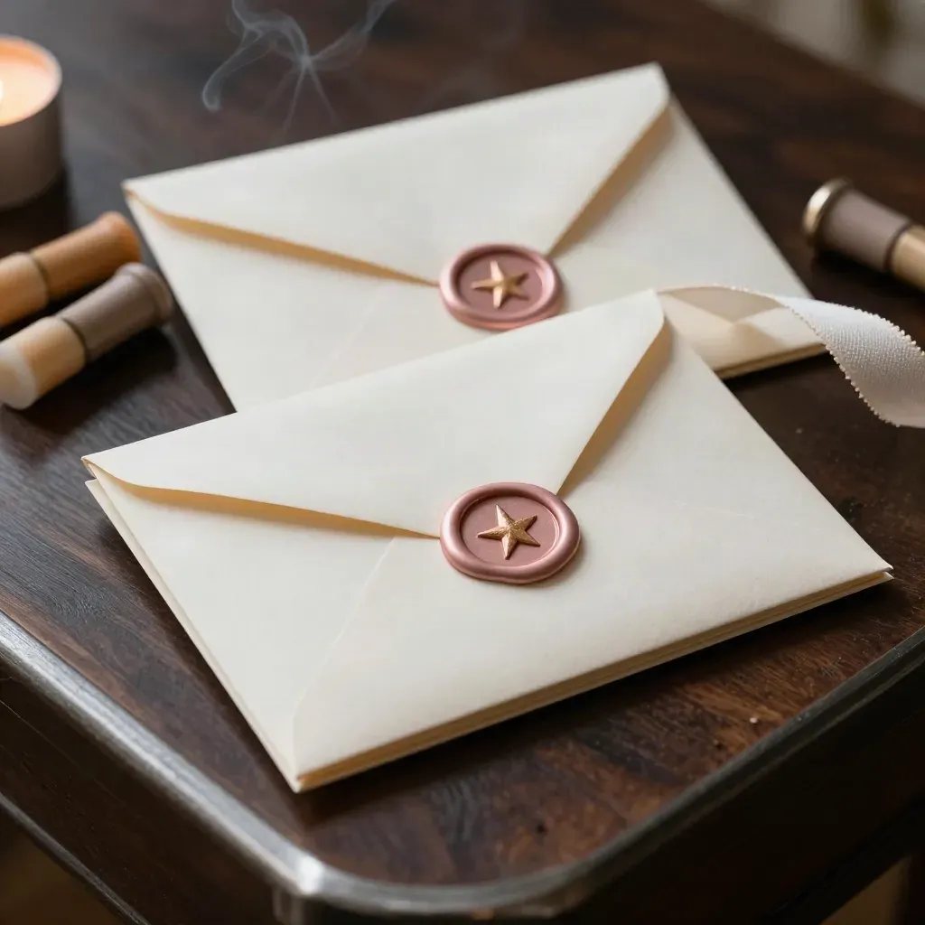 Wax-sealed envelopes stacked on dark walnut with ribbon, wax sticks and a soft smoke curl.