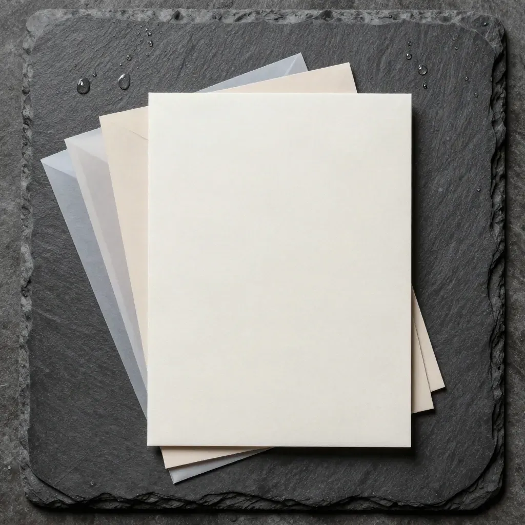 Overhead flat lay of blank parchment wedding invites and envelopes on wet slate