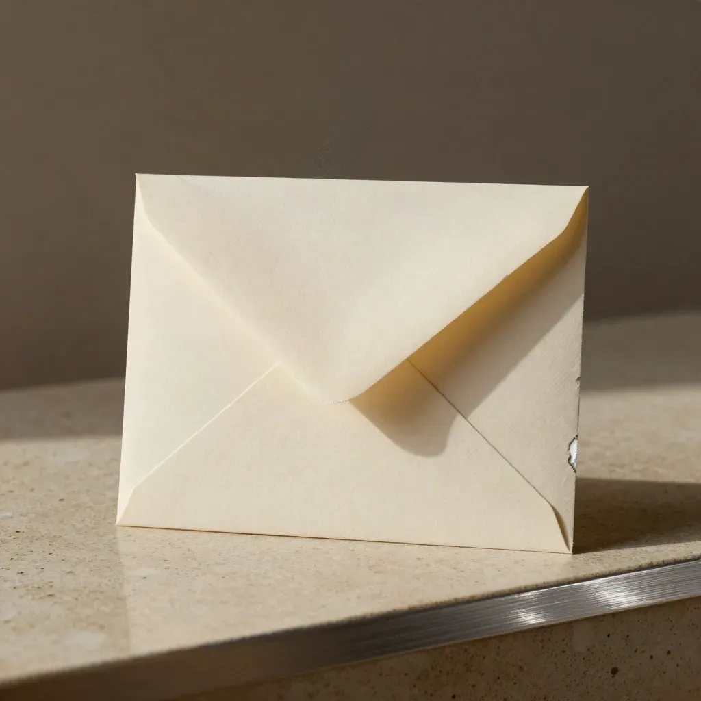 Folded cream love letter paper with deckled edges and a silver-lit sleeve on travertine.