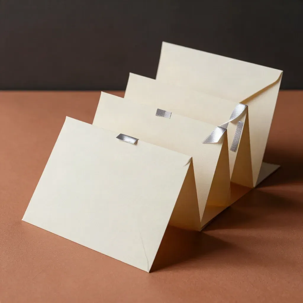 Blank wedding place cards with ribbon and envelope strip on terracotta clay