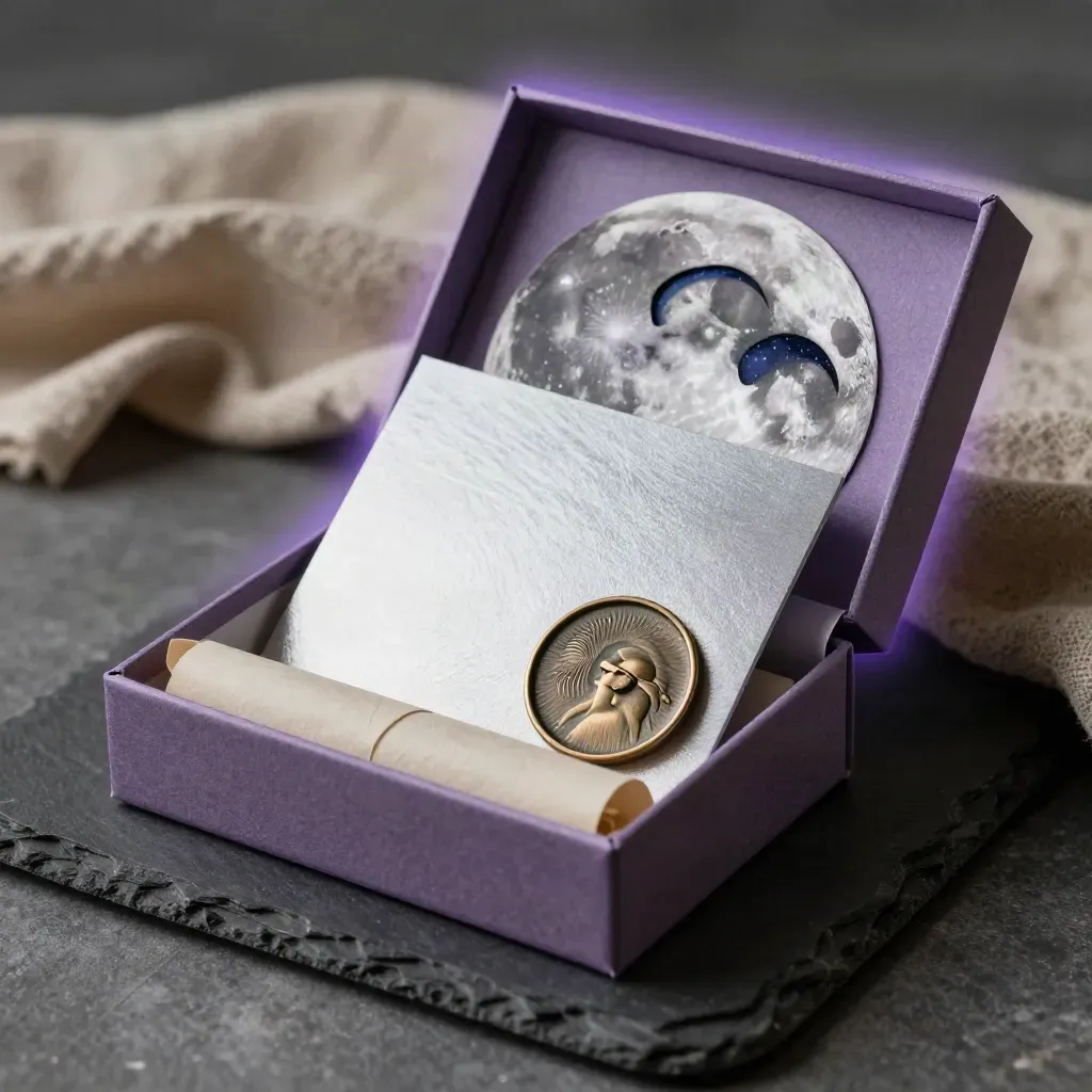 Open moon phase gift set box with card, token and wrap paper on slate under dramatic rim light.