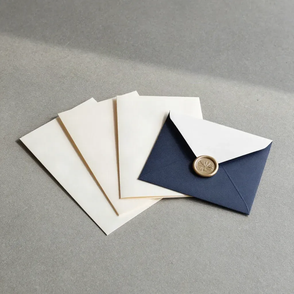 Overhead flatlay of three folded greeting cards, envelopes and a wax seal on cool concrete.