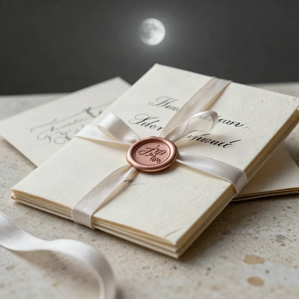 Ivory vow cards tied with ribbon and wax seal on travertine, in soft cinematic macro light.