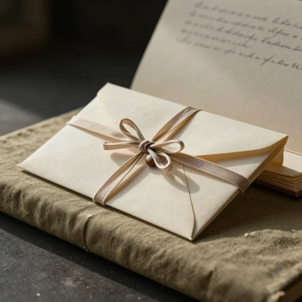 Partly opened handwritten letter bundle on parchment linen, lit softly from the side.