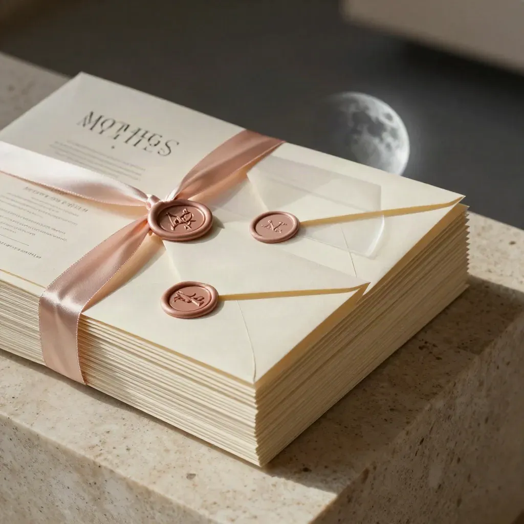 Wedding invitation bundle with wax seals, ribbon, and liners on pale stone.