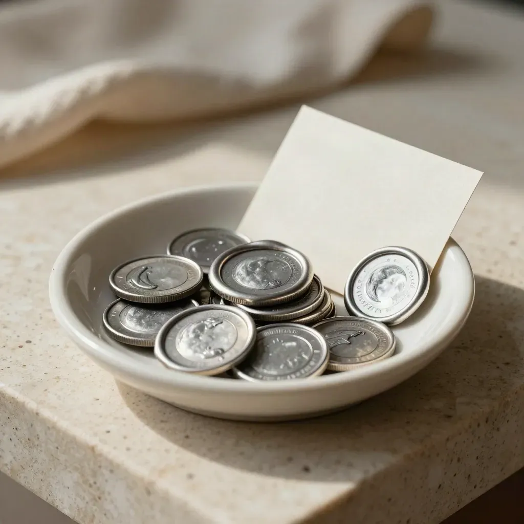 Wax seals stacked in a ceramic dish on travertine with a folded card base, softly lit in studio.