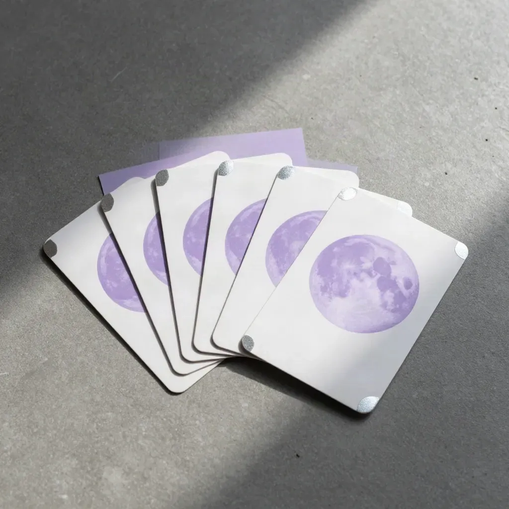 Overhead moon-phase card set fanned in an arc with silver-edged corner on graphite concrete.