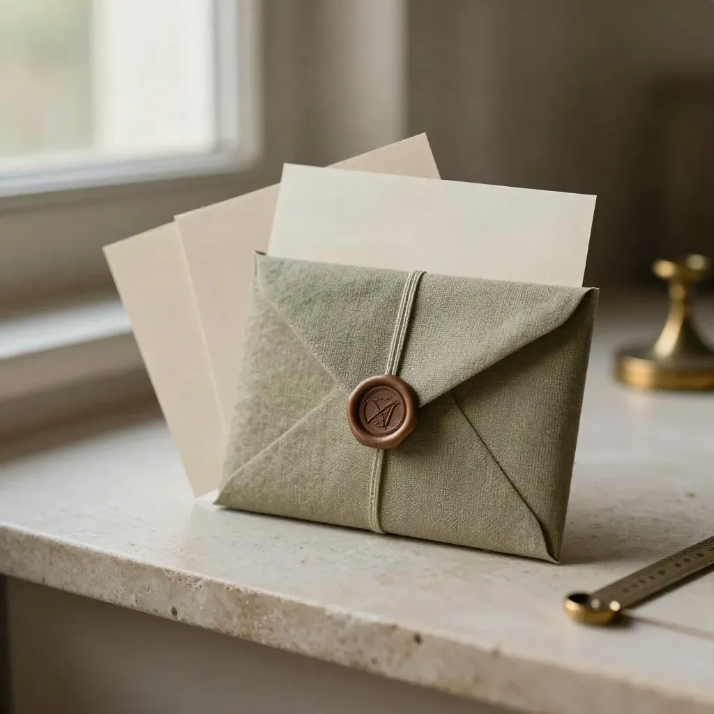 Three folded love notes in a linen sleeve with ribbon and wax seal on parchment-toned stone.